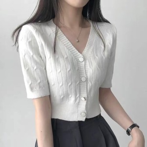 韩国chic夏季复古麻花纹纯色V领短袖针织衫T恤收腰短款开衫上衣女