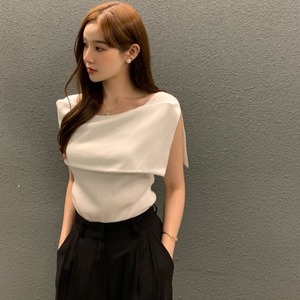 韩国chic夏季法式小众温柔气质一字领开叉露肩修身显瘦短袖针织衫