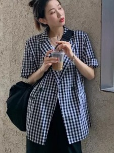 韩国chic夏季减龄复古小众设计感气质基础百搭格子两粒扣西装外套