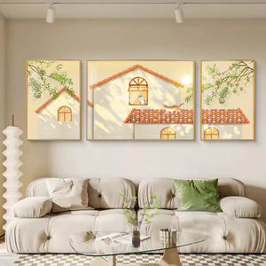 屋顶上的猫客厅装饰画温馨治愈系三联画放在沙发后面空白墙的挂画
