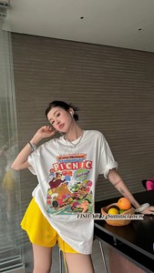 FISH YU夏季 韩式发泡卡通野餐小熊3D直喷印花宽松休闲短袖T恤女