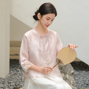 煎茶 夏季新中式唐装粉色提花上衣国风清透薄款防晒外套茶服开衫