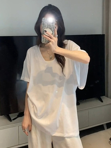 宽松慵懒白色v领短袖t恤女夏2024新款韩版纯色中长款百搭套头上衣