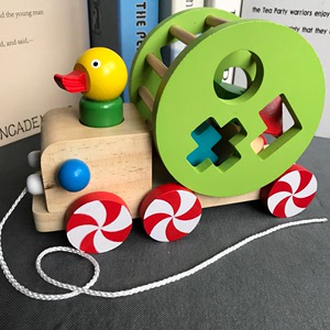 木拖车玩具1-3岁木质智力益智慧小鸭拉绳拉车礼物 宝宝益智拉车积