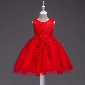 女小童红色晚礼服公主裙中小童蕾丝花童连衣裙蓬蓬裙幼儿园演出服