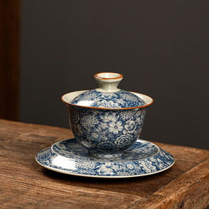汝窑青花陶瓷三才盖碗家用中式茶碗复古可养小型办公室冲茶器茶杯