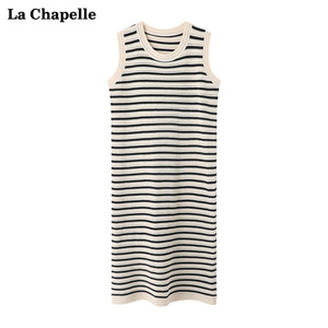 拉夏贝尔/La Chapelle夏季法式气质镂空条纹针织无袖背心连衣裙