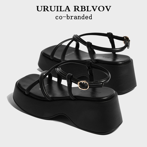 URUILA RBLVOV 罗马凉鞋女2024新款黑色厚底复古增高镂空线条凉鞋