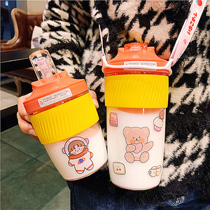 创意可爱双饮吸管塑料杯男女学生韩版情侣斜跨小巧便携随手水杯子