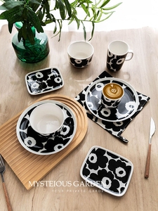 北欧黑白花朵系列骨瓷餐具八寸餐盘马克杯手握杯咖啡杯小碗小方盘