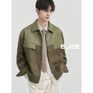 BJZE男装工装高级感仿麂皮绒夹克外套24春季新款韩版撞色拼接上衣