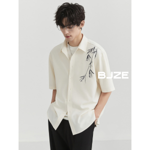 BJZE夏季新中式国风刺绣衬衫短袖男宽松高级感半袖天丝醋酸薄上衣