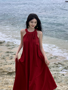 魅影仙女系带挂脖红色长裙宽松大摆无袖露肩法式小个子沙滩连衣裙
