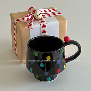 圣诞风彩色波点伴手礼物陶瓷马克杯小众高脚咖啡杯水杯子400ml