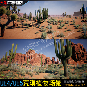 ue4虚幻5 荒漠戈壁植物岩石 沙漠仙人掌植物场景素材模型
