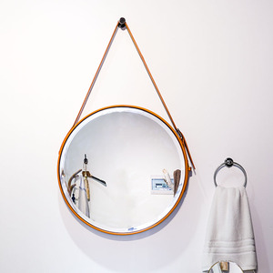 现代简约轻奢酒店卫生间圆形皮带挂镜洗手间艺术吊带浴室镜子