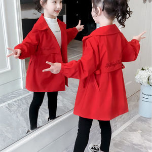 童装女童红色风衣2022新款春秋中长款上衣中大童加棉加厚洋气外套