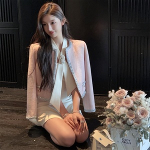 FairyJiang春季新款气质重工粉色小香毛呢外套女短款显瘦法式上衣
