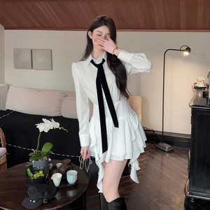 FairyJiang 春季新款辣妹高级感白色长袖衬衫连衣裙收腰修身短裙