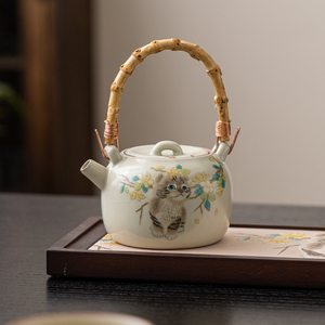 米黄汝窑猫咪提梁壶家用手提单壶陶瓷功夫茶具小套装大号泡茶壶杯