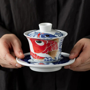 龙鱼纳福羊脂玉瓷悬停三才盖碗茶杯单个高档陶瓷泡茶器家用敬茶碗