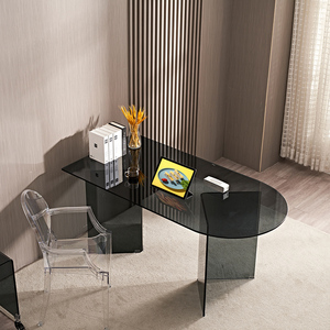 网红钢化玻璃半圆岛台吃饭桌子餐桌轻奢现代简约小户型家用长方形