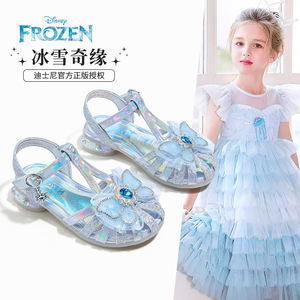 迪士尼女童坡跟凉鞋2024年冰雪奇缘夏季新款甜美洋气公主女孩凉鞋