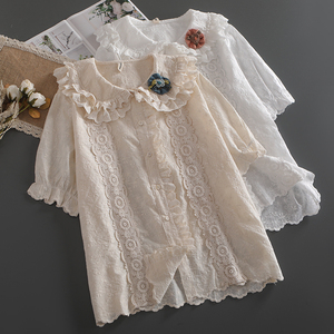 夏装新款森系甜美衬衫减龄双层花边大领刺绣设计感蕾丝拼接娃娃衫