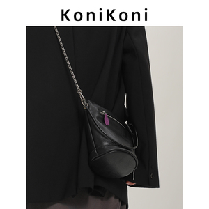 KoniKoni真皮黑色软皮水桶包女2024新款高级感链条包单肩斜挎小包