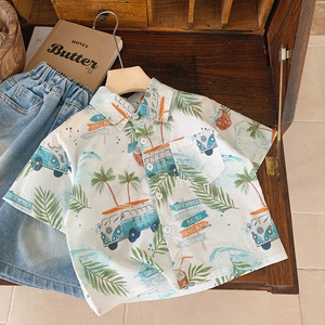 儿童印花树叶短袖衬衣夏装新时尚男童波西米亚风衬衫沙滩海边出游