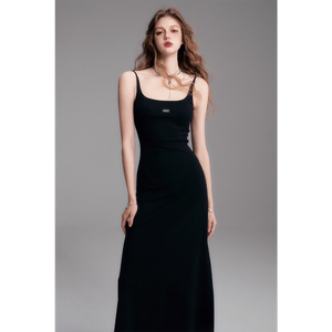 AITRCOCO高定黑色针织吊带连衣裙女夏季2024新款小众设计气质长裙