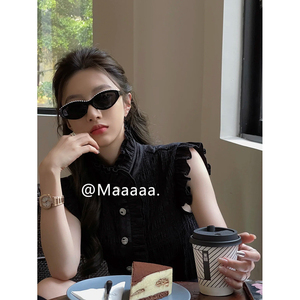 Maaaaa 凹造型匕备~椭圆墨镜女夏季 黑框遮阳猫眼珍珠太阳眼镜