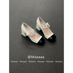 Maaaaa / 24新品 / 6.5CM粗跟 /黑白漆皮拼色女单鞋/浅口玛丽珍