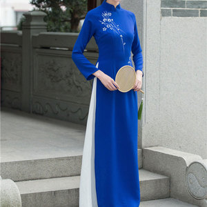 越南奥黛旗袍中国风女唐装舞台燕尾改良修身汉服文艺服长款连衣裙