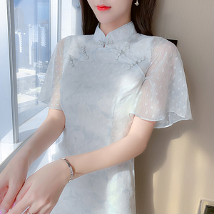 2024夏季新款年轻中国古风日常汉服改良版旗袍雪纺网纱连衣裙子女