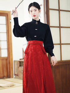 配马面裙的上衣女春秋款长袖黑色汉服衬衫显瘦新中式国风套装裙子