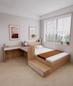 定制板式床软包榻榻米床带转角书桌写字桌一体组合吊柜收纳储物床
