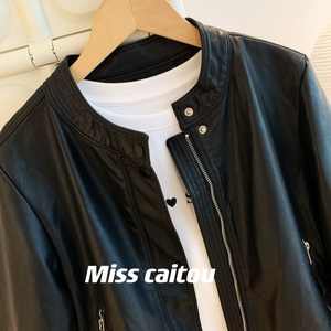 Miss菜头自留2024春款新品巨显瘦修身百搭黑色立领皮衣女韩版夹克