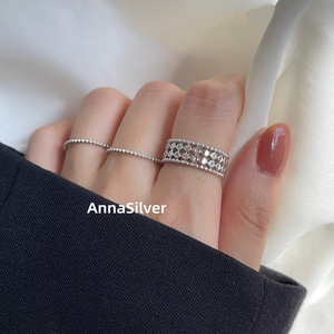通体S925纯银时尚简约圆珠边镂空镶钻戒指开口叠戴指环
