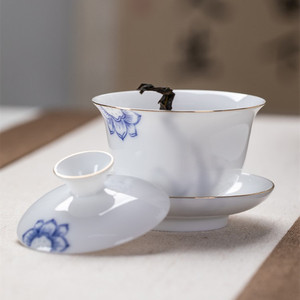薄胎三才盖碗青花瓷白玉瓷功夫茶具茶碗单个荷花中式家用泡茶茶备