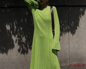 日系潮牌 A 高端进口毛纱 特种工艺 蕾丝编织长袖连衣裙 绿色米色