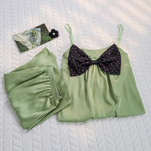 显白抹茶绿性感纯欲风夏季冰丝吊带睡衣女款甜美蝴蝶结套装家居服