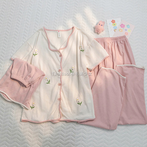 日系甜美ins花朵睡衣少女夏季新款短袖三件套装纯棉网红风家居服