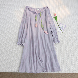 香芋紫甜美提花纯棉睡裙女春秋季长袖圆领中长款带胸垫连衣裙睡衣