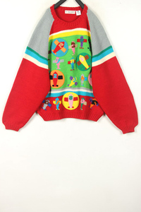 秋冬装孤品复古古着vintage日本大红色泡泡袖玩具小飞机手工毛衣
