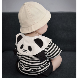 夏季宝宝薄款可爱短袖套装熊猫条纹上衣花苞裤两件套婴儿衣服洋气