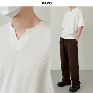 DAZO 坑条纹短袖T恤男设计感V领白色宽松半袖上衣韩版潮流小众