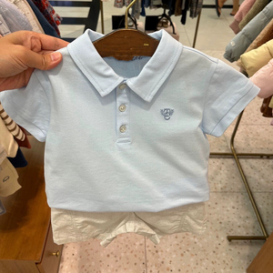韩国童装 24夏新款男童洋气POLO领天蓝珠地棉T恤短裤洋气绅士套装