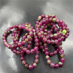 四海玉器 8毫米西瓜晶女款圆珠手链 紫粉色桃花玉手串