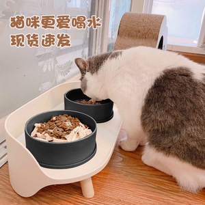 陶瓷月半双碗猫盆食盆狗狗碗猫粮防打翻猫咪黑色水碗猫碗架不带碗